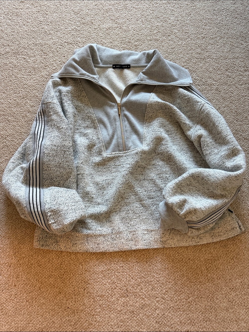 Women's Light Gray Quarter-Zip Pullover Hoodie with Stripe Sleeve Detail